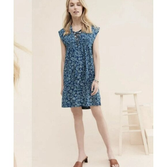 Faherty Cameo Cove Dress Navy Plains Floral Cotton Size Medium Resortwear - Picture 2 of 13
